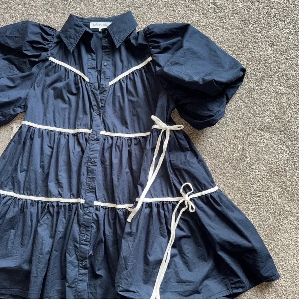 Sofie the Label Navy Women's Dress with Puff Sleeves Size Medium Cottagecore - Picture 3 of 10